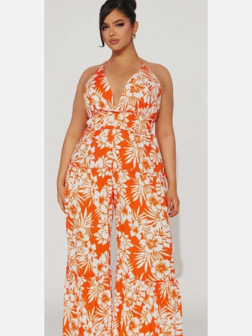 Fashion Nova Orange and White Floral Halter Wide Leg Jumpsuit